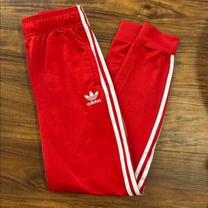 Youth Adidas Red w/ White Stripes Joggers Ribbed Cuff Size Large Sweatpants
